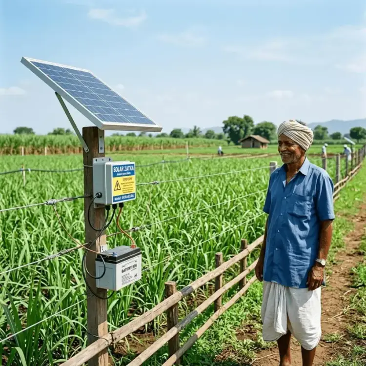 Indian Farmer with Solar Zatka Fencing System for Crop Safety